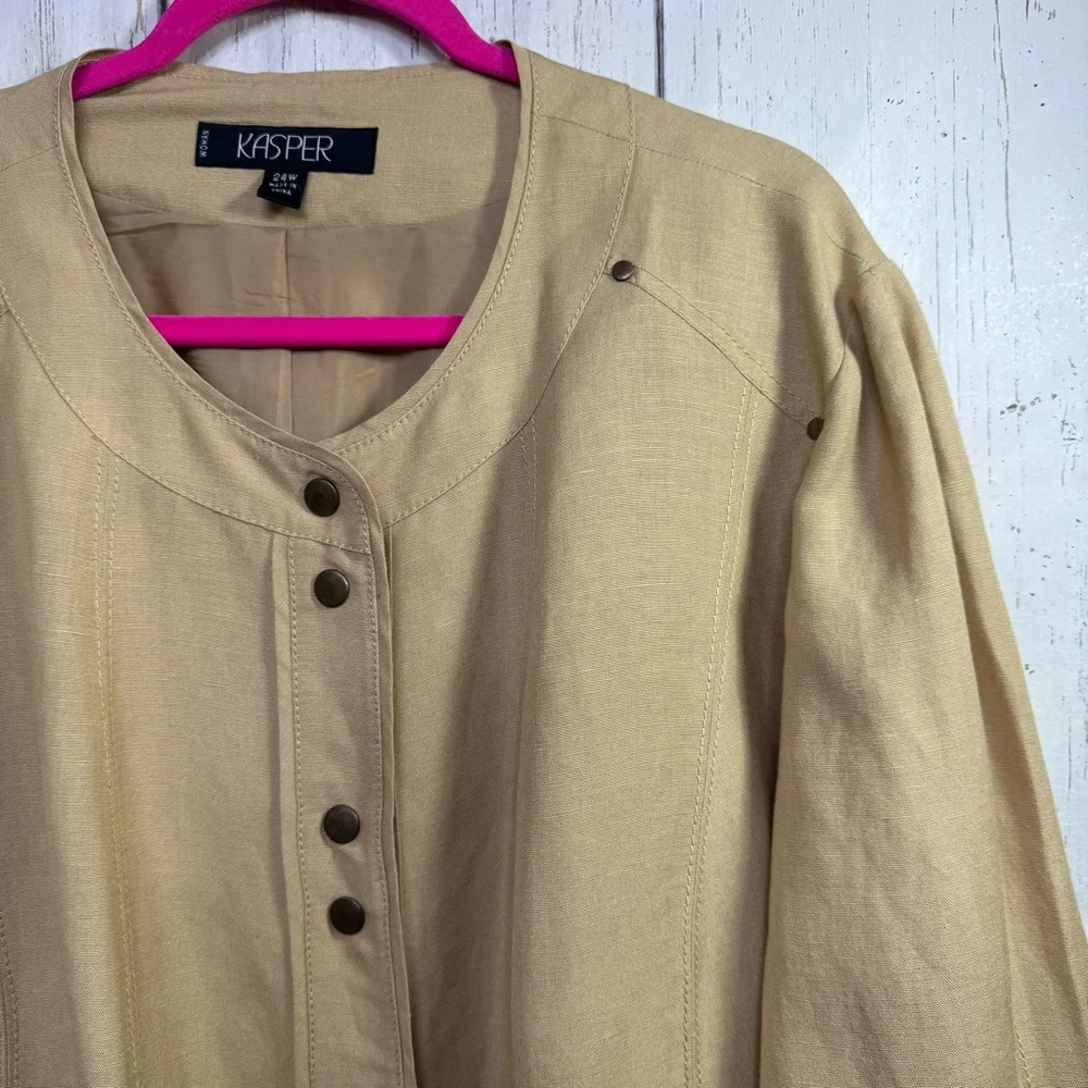 Kasper Linen Blend Blazer 24W Tan Neutral Office Chic Quiet Luxury Lagenlook